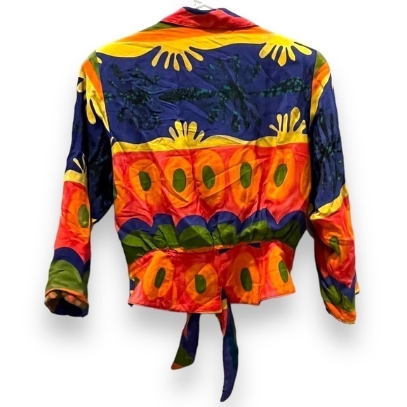 Dorothy Schoelen Platinum Psychedelic Tie Front Long Sleeve Blouse 80s VTG Small - Picture 3 of 5